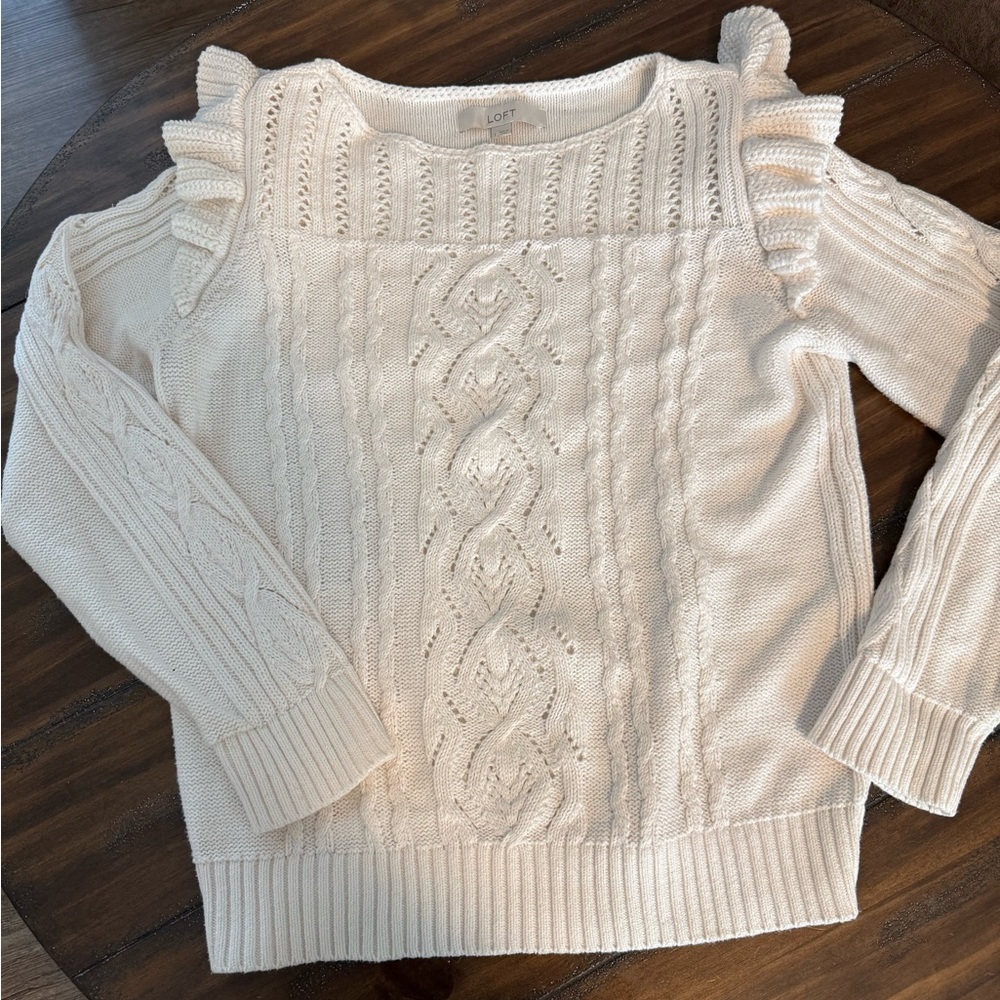 LOFT Ivory Ruffle Cable Knit Sweater